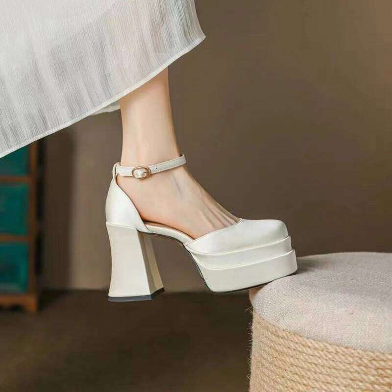 2025 Women'S High Chunky Platform Closed Block Heels Square Toe Ankle Strap Dress Wedding Party Prom Pumps Shoes