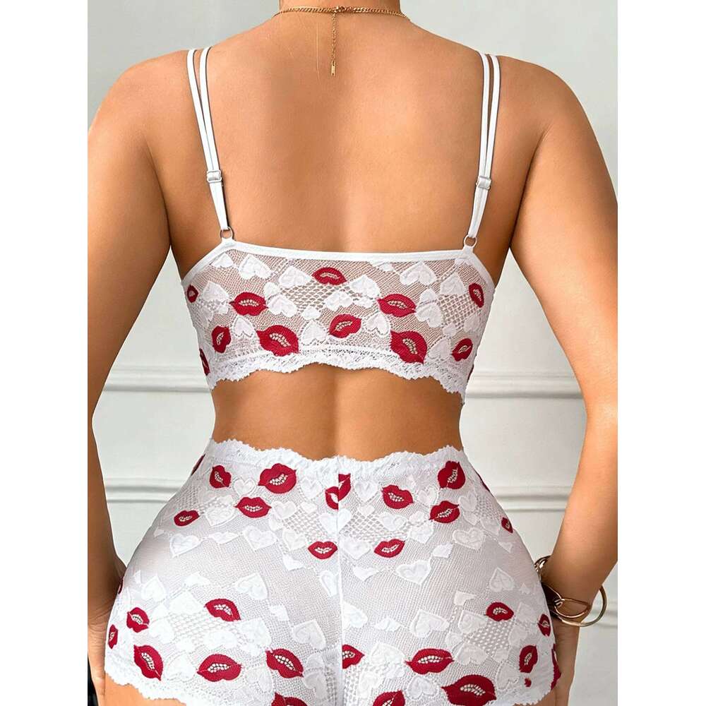 Lip Print Women's Underwear Hollow-Out Lace Unlined Bra Lingerie Set Thin Cup Wireless Sexy Bras and Sheer Panties