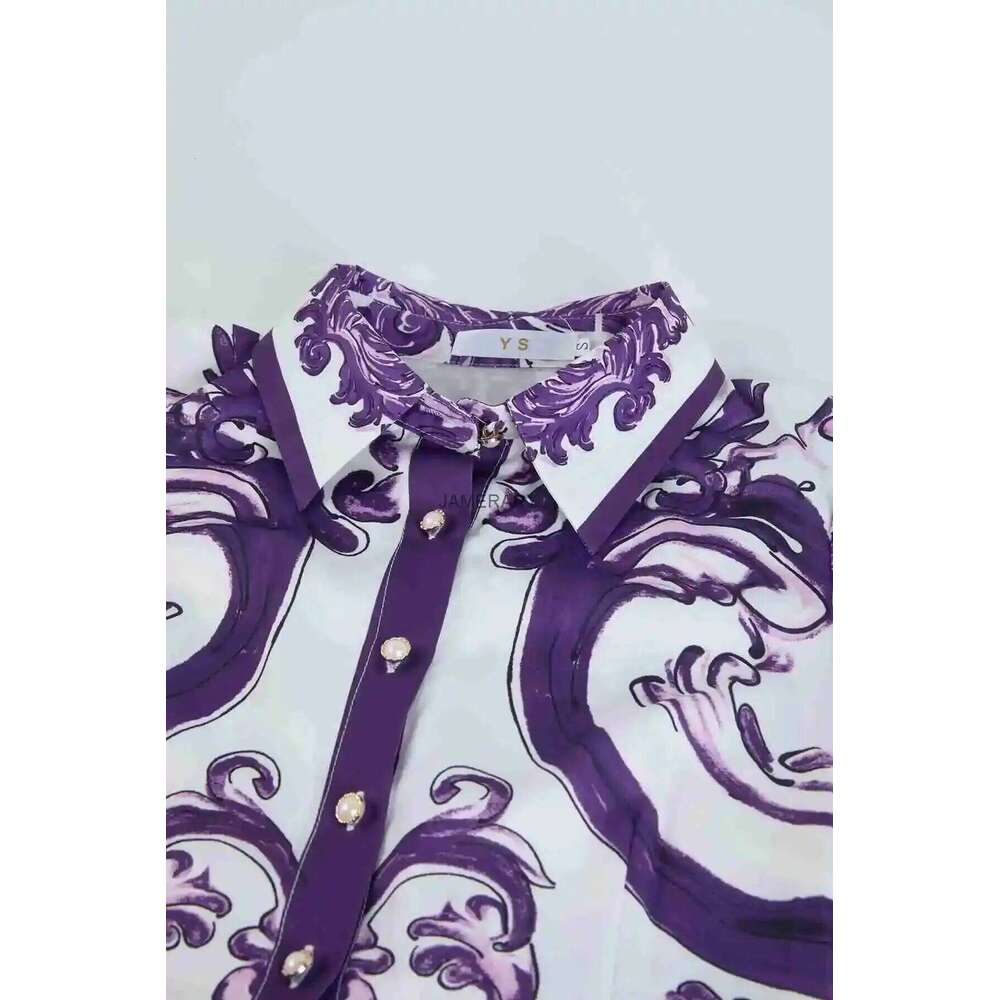Fashion Summer Floral Long Dress Women Purple Porcelain Print Midi Dresses Shirt Single Breasted Office Lady Work Holiday Runway Mdng260306
