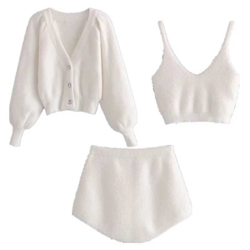 Vintage Set Shaggy Korea Style White Cardigan Furry Single-breasted Button Tank Top Knitted Sweater Jumper 1 Set M260306