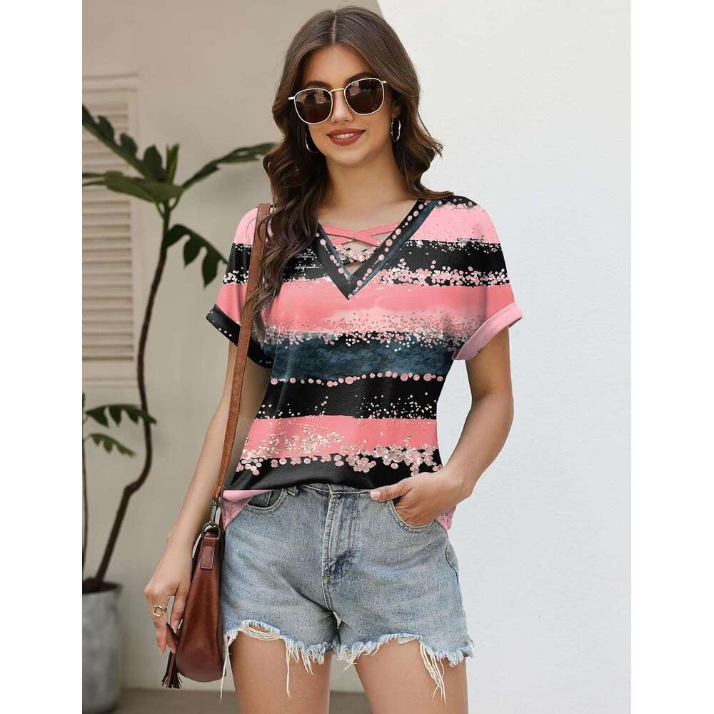 Short Sleeve Shirts Spring for Women 2026 V Neck Designer Criss Cross Tees Womens Summer Tops