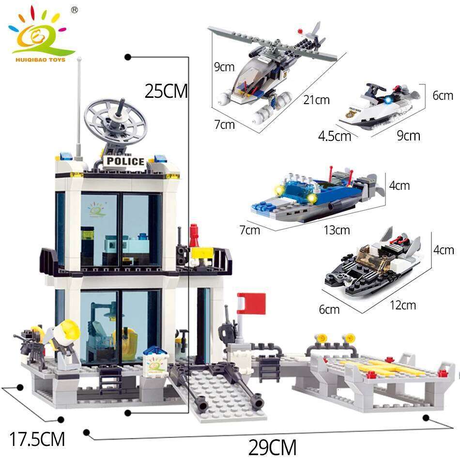 HUIQIBAO City Police Station Building Blocks Prison Truck Helicopter Boat with Policemen Construction Bricks Toys for Children Z260306