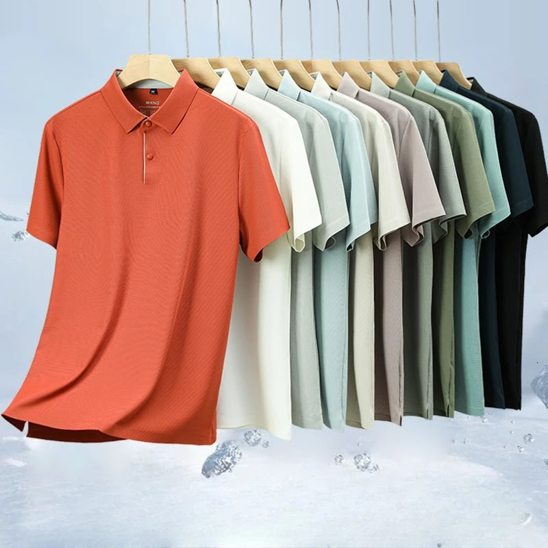 Mens Seamless Ultrasonic Polo Shirt - 11 ColorsBlack/Ivory/Mint Green Cooling Quick-Dry Fabric Contrast Placket Back Yoke 260304
