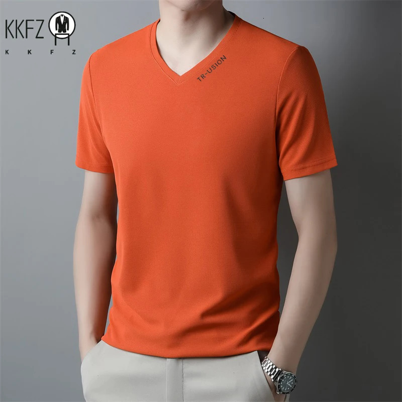 Mens Casual and Fashionable Vneck Solid Color Short Sleeved Tshirt Breathable Comfortable Summer Versatile Top 260302
