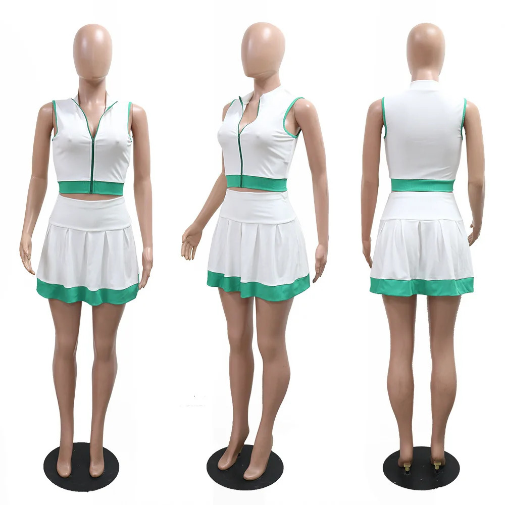 CMYAYA Womens Set Sleeveless V-neck Vest Pleated Skirts Summer Cute Street Beach Two 2 Piece Sets Outfits Tracksuit 260304
