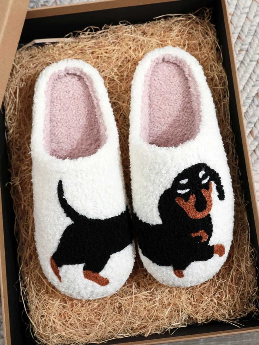 2024 Winter Women Black Cat Slippers Men Cartoon Home Black Dog Floor Sandals Couples Indoor Slippers Adults Warm Non-slip Shoes S260305