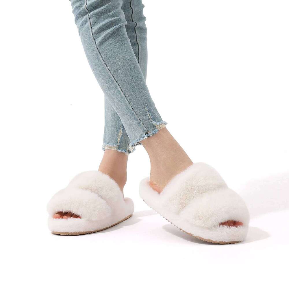 Litfun Fluffy Winter 2024 Platform Plush Open Toe Slippers Indoor Fur Flat Slides Women Fuzzy House Shoes
