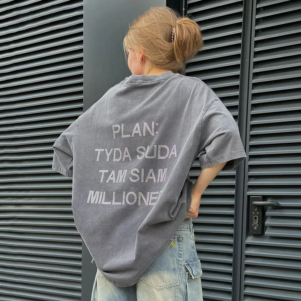 Rhinestone Letter Casual Tee Shirt Oversize Bodyfriend Style Korean O Neck Summer T Shirt Women Streetwear Harajuku Tops 260304