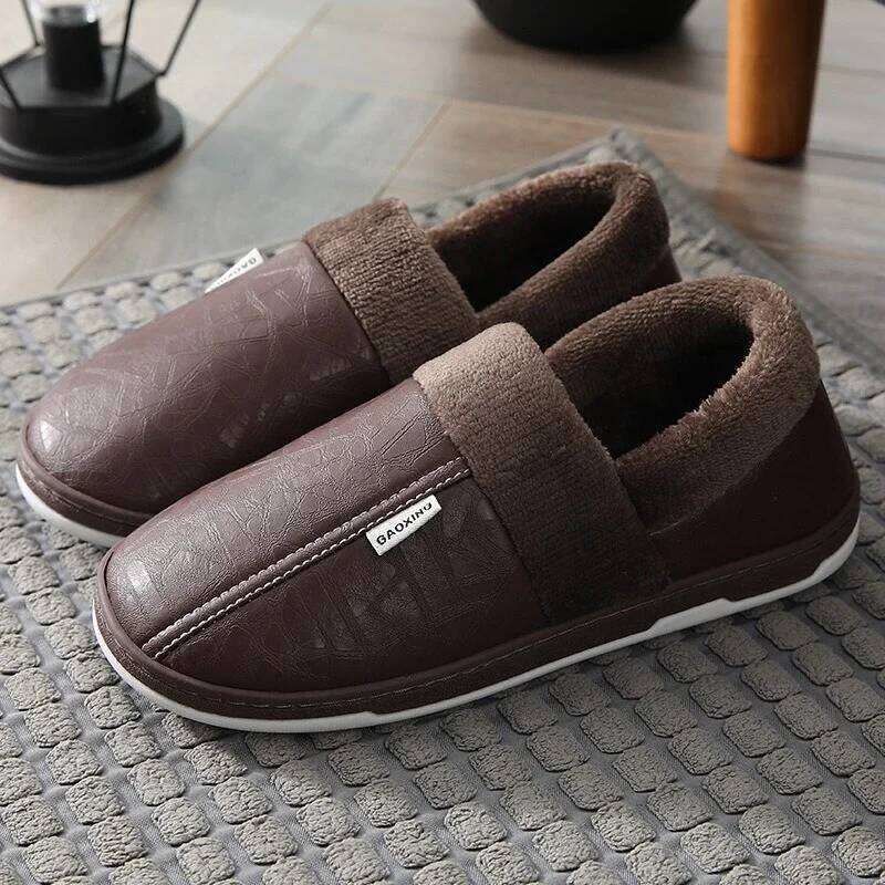 Women's Winter Slippers Home Warm Thick Bottom Plush Waterproof PU Leather Couples Cotton Men's Flat Couple Shoes