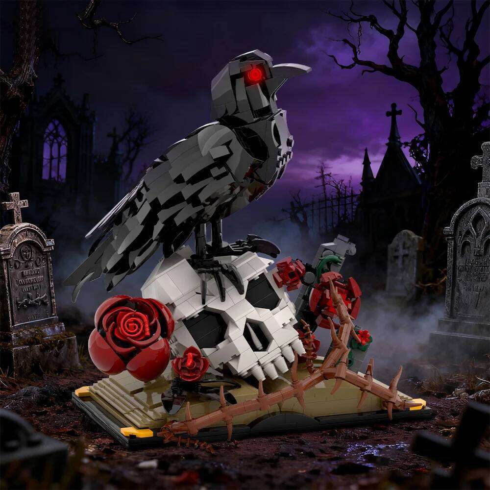 MOC Crow Skull Roses Bouquet Building Blocks Model Horror Gothic Skeleton Flowers Plant Pot Bricks Assembly Toys Kids DIY Gifts Z260306