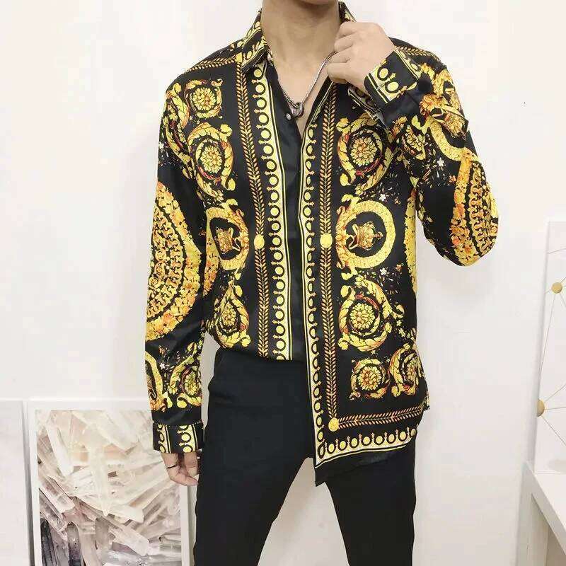 Casual Gold Retro Print Summer 3D Printed Lapel Men's And Women's Fashion Shirt Long Sleeve