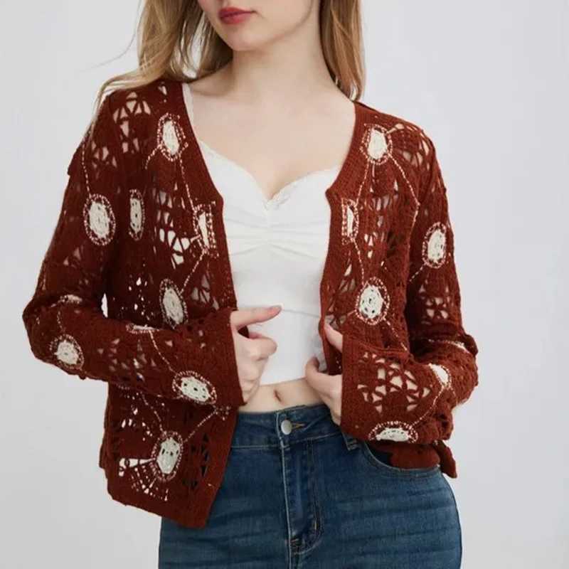 Crochet Top Women Long Sleeve Floral OpenStitch Knit Cardigan Embroidered Button Up Blouse Boho Resort Wear Spring Summer 2026 M260306