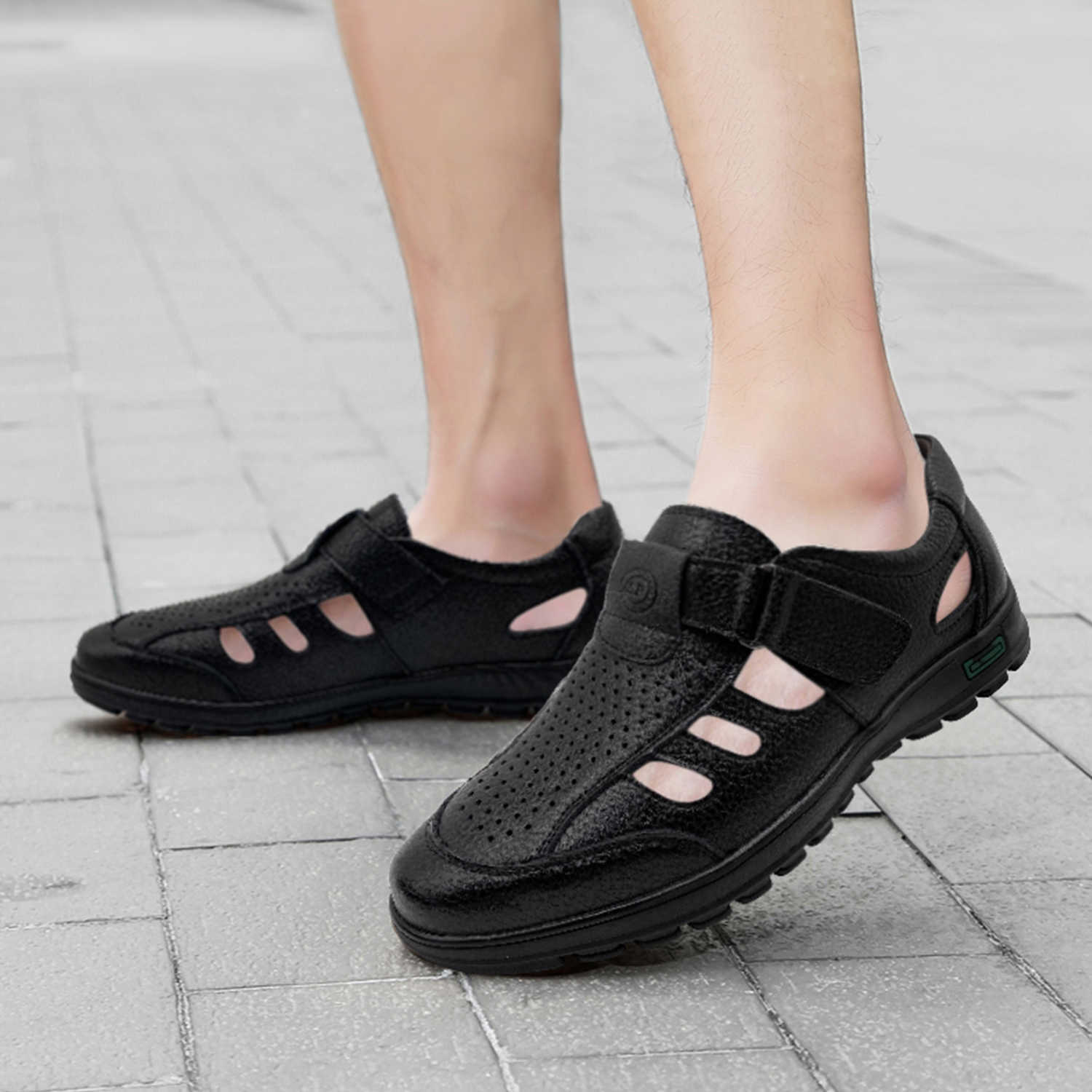 Men's Breathable Leather Open-toe Sandals With Adjustable Non-slip Rubber Soles Comfortable Casual Summer Walking Shoes Closed-toe Strap Sandals