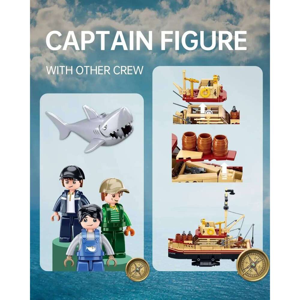 592PCS Shark Fishing Ship Building Blocks Great White Model with Mini Figures Creative DIY Toy Birthday Gift for Kids Adults Z260306
