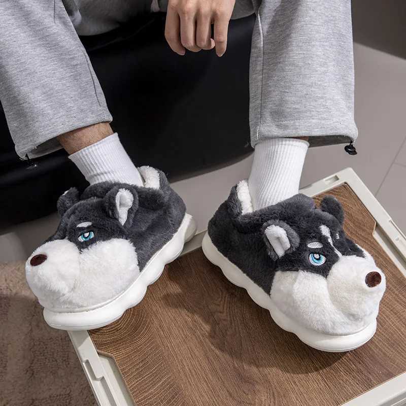 Men Home Cotton Slippers Cute Cartoon Dog Winter Warm Shoes For Couples Soft Plush Anti-slip Male Female Indoor Fluffy Slides S260305