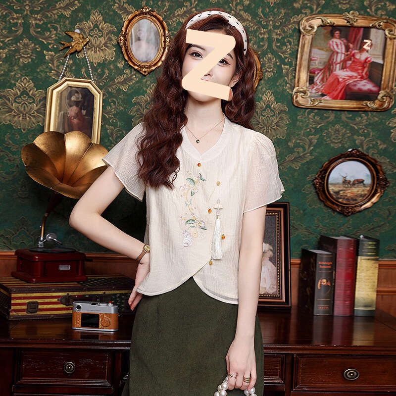 Ladies Embroidered Tops Short Sleeve Shirts Chinese Style Buttons Fashion Trend Irregular Summer New Style 2025 Stand-up Collar
