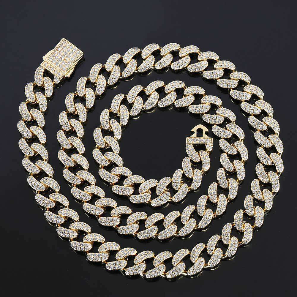 European and American 12mm Spring Snap Double Row Zircon Cuban Chain Trendy Personality High-Quality Men's Hip-Hop Necklace
