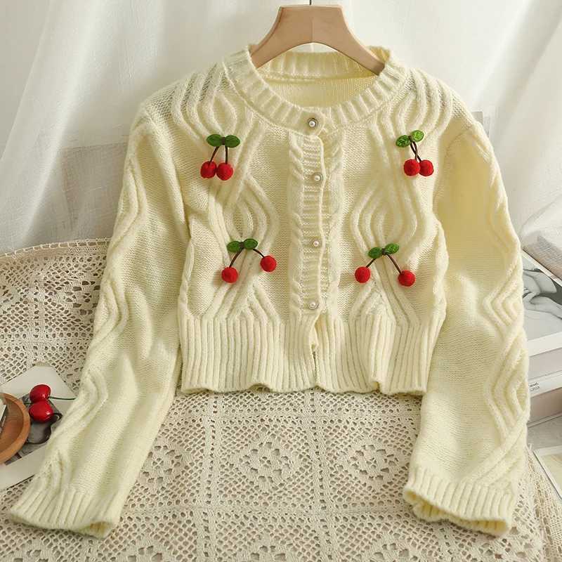 YuooMuoo Chic Fashion Cherry Knitted Cardigan Women Autumn Cute Button Up O-neck Long Sleeve Coat Streatwear Lady Y2K Sweaters M260306