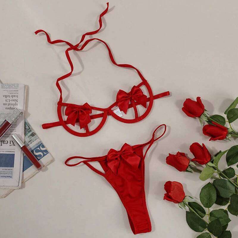 Fashion Lace Bra Panties Underwear Female Steel Ring Hollow Garters Sexy Bowknot Thong Lingerie Set Lenceria