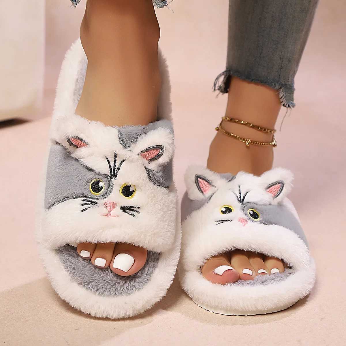 Women Indoor Fluffy Slippers Warm Faux Fur Open Toe Home Floor Shoes Cute Cat Style Plus Size Couples House Floor Slides S260305