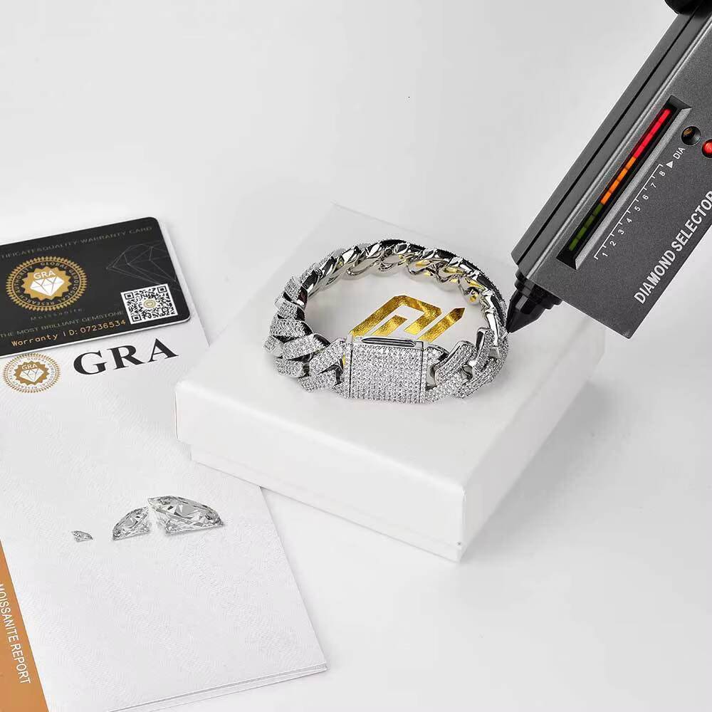 Wholesale 925 Silver Mosan Moissanite Bracelet European American Hip-Hop Style 20mm Cuban Chain Mens Diamond Bangle