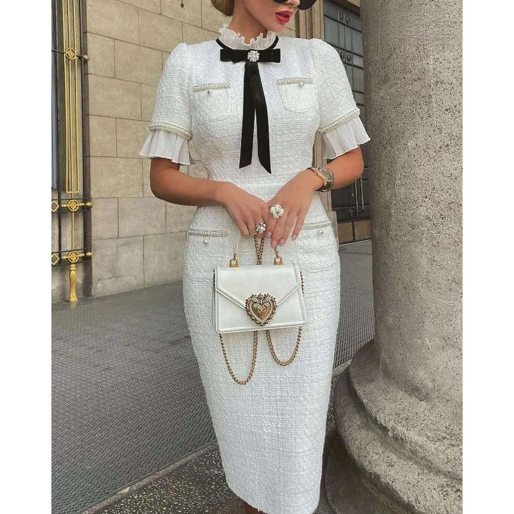 Women's elegant round neck short sleeved casual dress with bow, ruffled edges, beaded fashion, high street white top