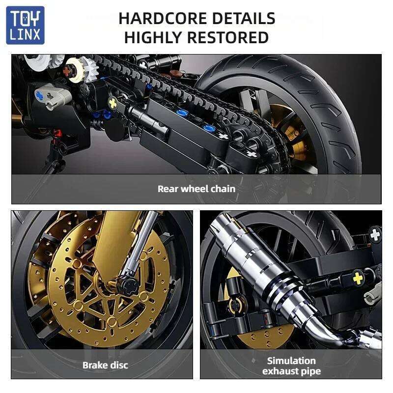 TOYLINX 1:10 Scale Technic Motorcycle Building Blocks 703pcs Black Gold Mechanical Racing Bike Model Kit Movable Parts STEM Toys Z260305