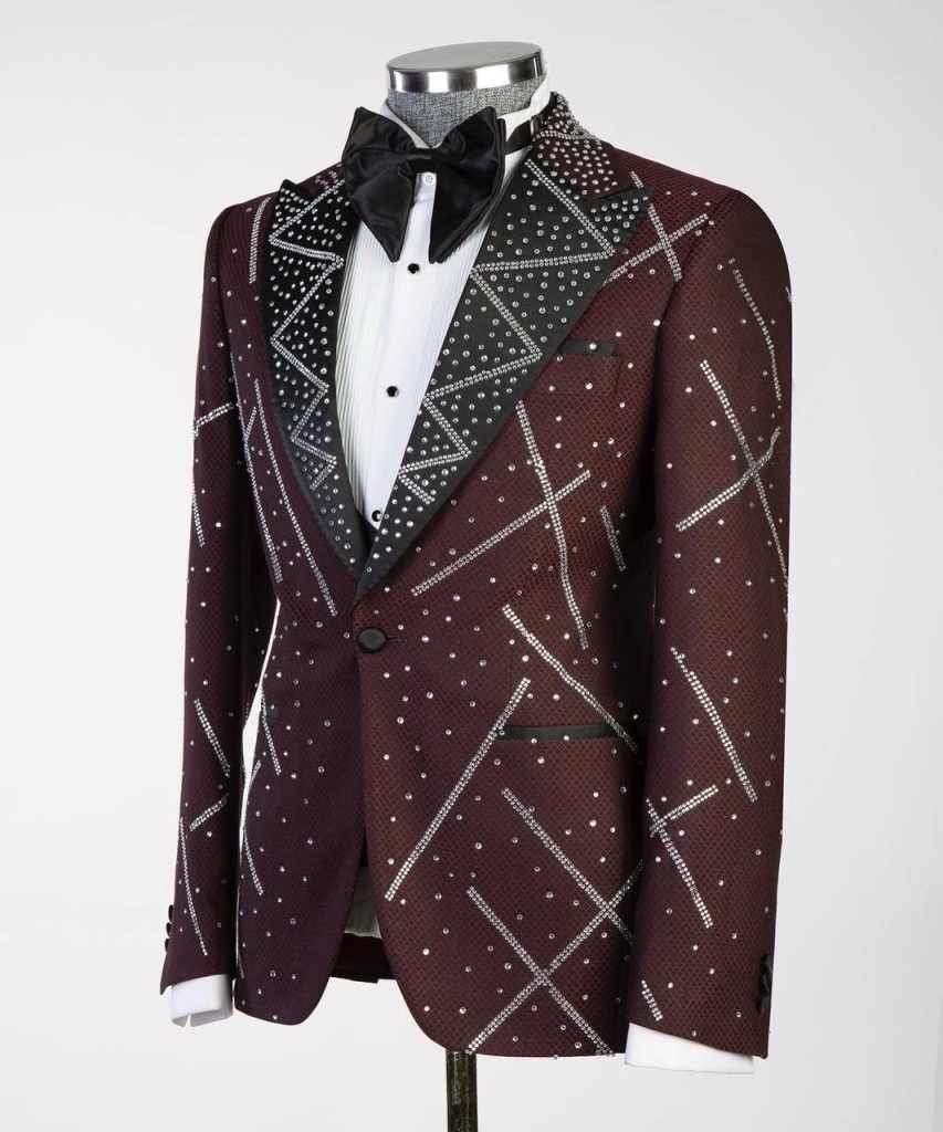 Shining Men Suits 2 Piece Blazer Pant Single Breasted Crystals Peaked Lapel Wedding Party Tuxedo Banquet Customized