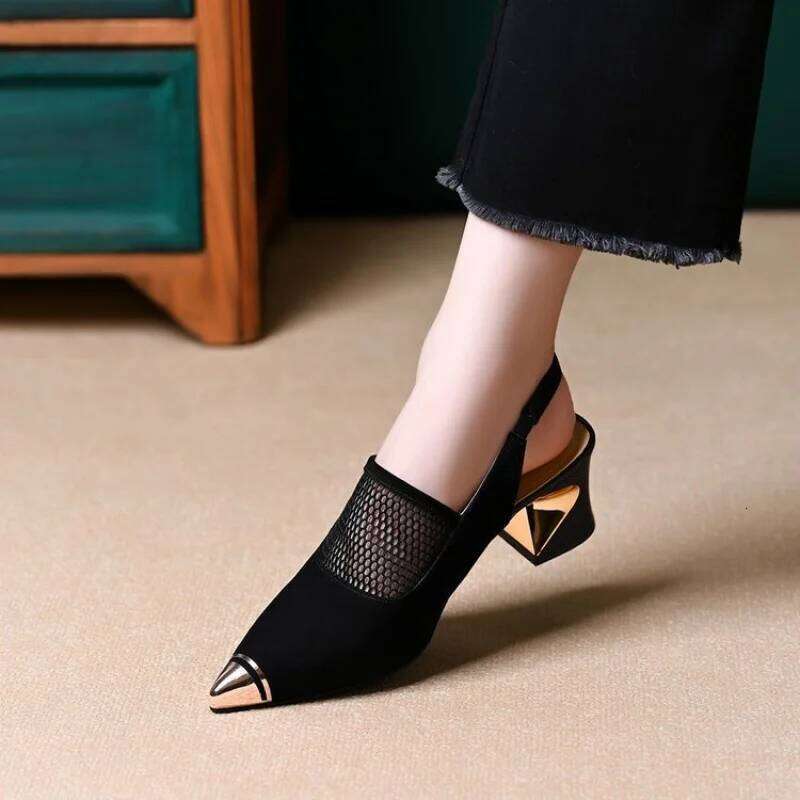 Women Cap Sandals Pointed Toe Backless 2026 Summer New Arrival Soft Leather Mid Block Heel Cutout Mesh Mom Shoes