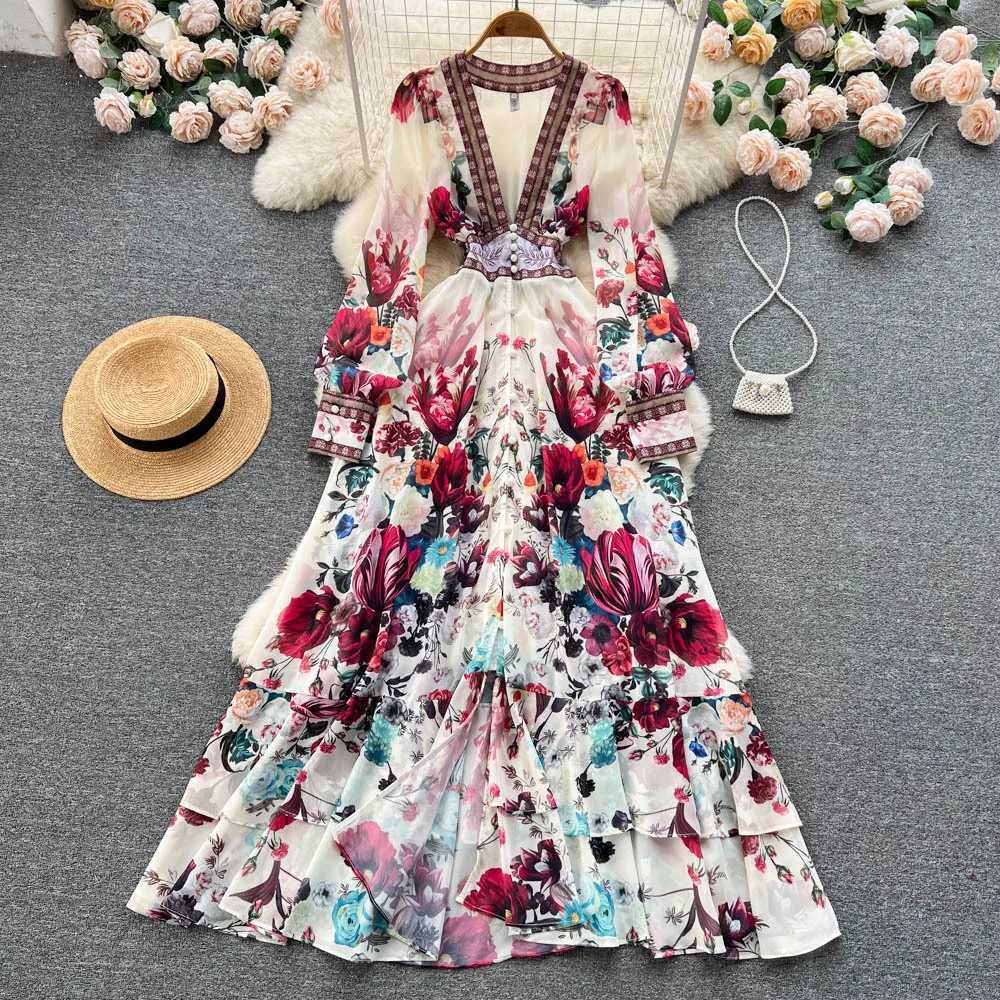 Long Dress Women Dresses Print Floral A Line Vestidos Streetwear V Neck High Waist Elegant Maxi Splice Y2k Party Club Wedding X260306
