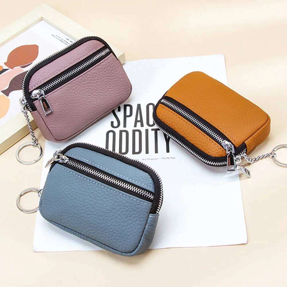 Women Genuine Leather Keychain Coin Purse Zipper Wallet Small Mini Pocket Color Contrasting Lipstick Storage Change Pouch C260304