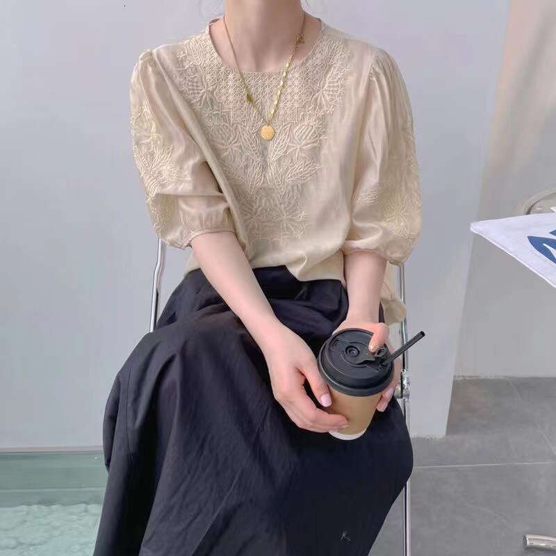 Mardi Hefxessdr Embroidered Shirt Short Sleeve Women's Bubble Sleeve Top Stylish Casual Simple Style Summer New Arrival Chinese style shirt women