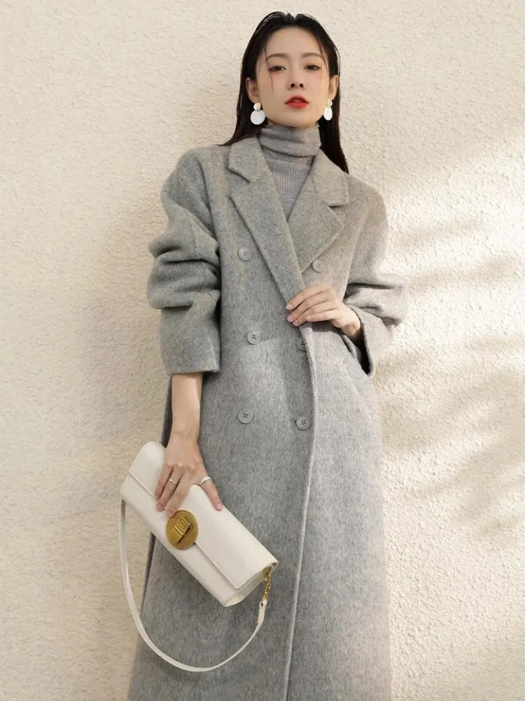 High Grade Gray DoubleSided Cashmere Coat For Women In Autumn And Winter With Hand Sewn Lapel Double Breasted Long 260228