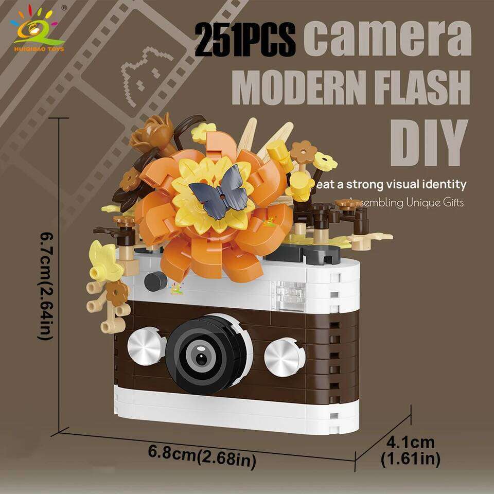 HUIQIBAO MOC Cute Camera with flower model Micro Building Block Mini Diamond Model Brick Toy for Children Desk Decoration Z260306