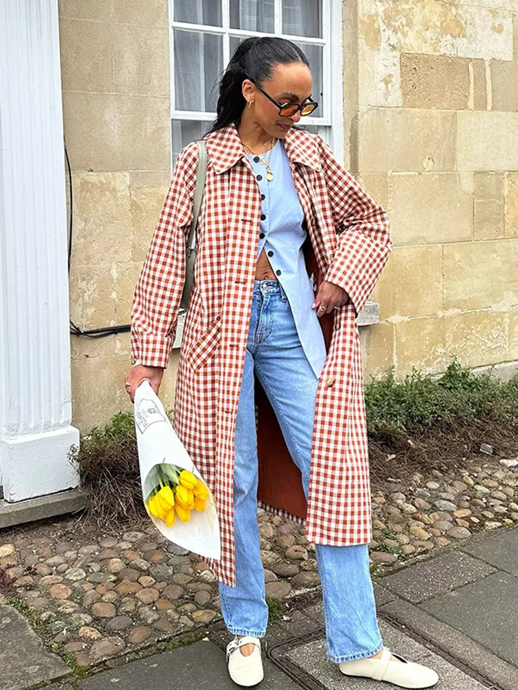 Female Plaid Long Windbreaker Fashion Chic Lapel Single Breasted Pocket Loose Jackets Lady Daily Commuting Street Outerwear 260228