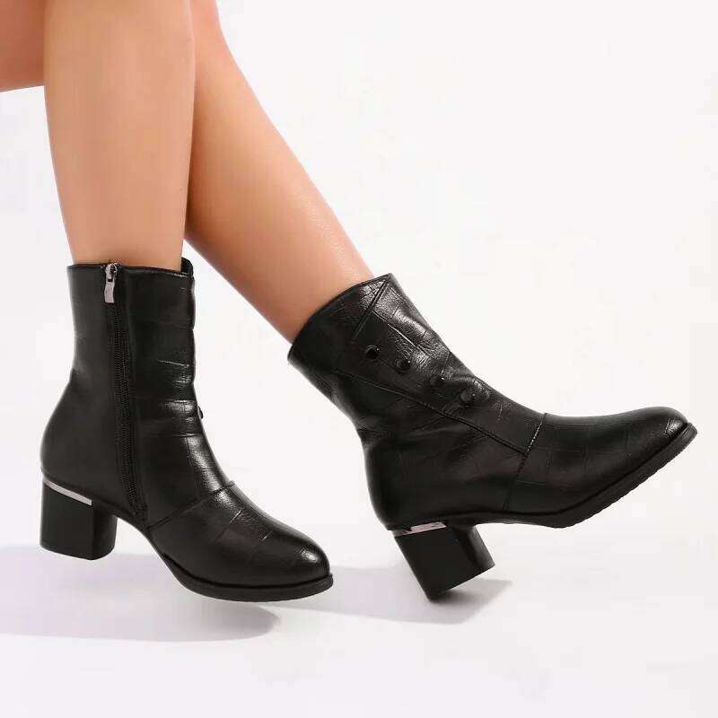 Women Fashion Ankle Boots Female New Pointed Square Heels Black Retro Dress Party Ladies Autumn Winter ShortBoots
