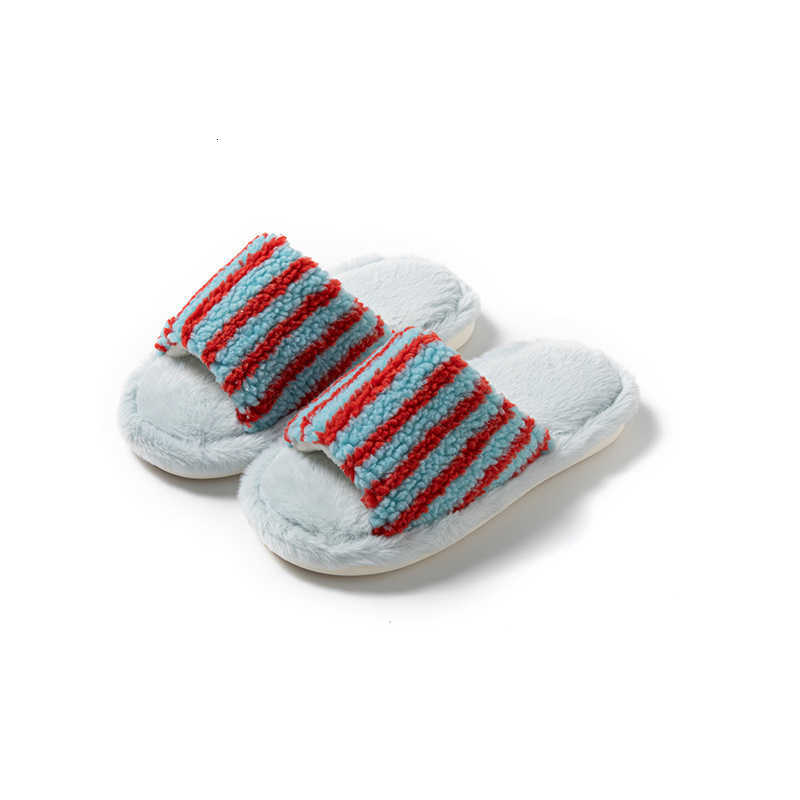 Striped Color-Block Open-Toe Cotton Slippers for Women Ins Style Furry Slippers Designer Home Plush Slippers S260305