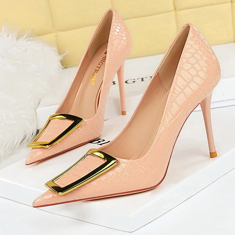 BIGTREE Shoes Women 10 Cm Metal Buckle Ladies Pumps Womens Banquet Shoes Stilettos High Heels Women Sexy Party Shoes 260306