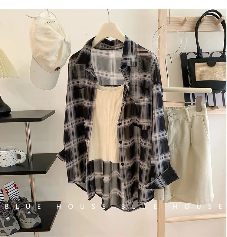 Red Black Checkered Long Sleeve Sunscreen Shirt for Womens Spring and Autumn Loose and Lightweight Shirt Top Outer 260306