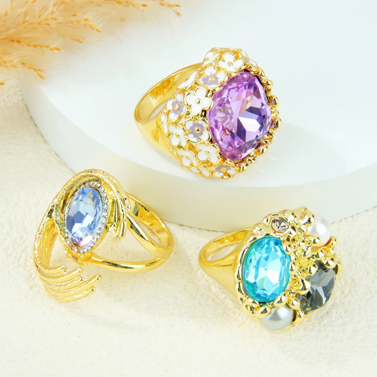 Exquisite Colored Crystal Gold Ring 14k European Italian Fashion Zirconia Cocktail Ring Trendy Statement Jewelry 260302