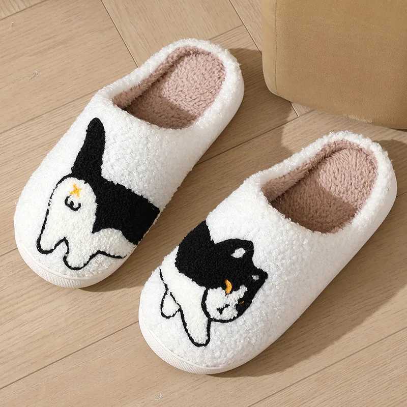2024 Winter Women Black Cat Slippers Men Cartoon Home Black Dog Floor Sandals Couples Indoor Slippers Adults Warm Non-slip Shoes S260305