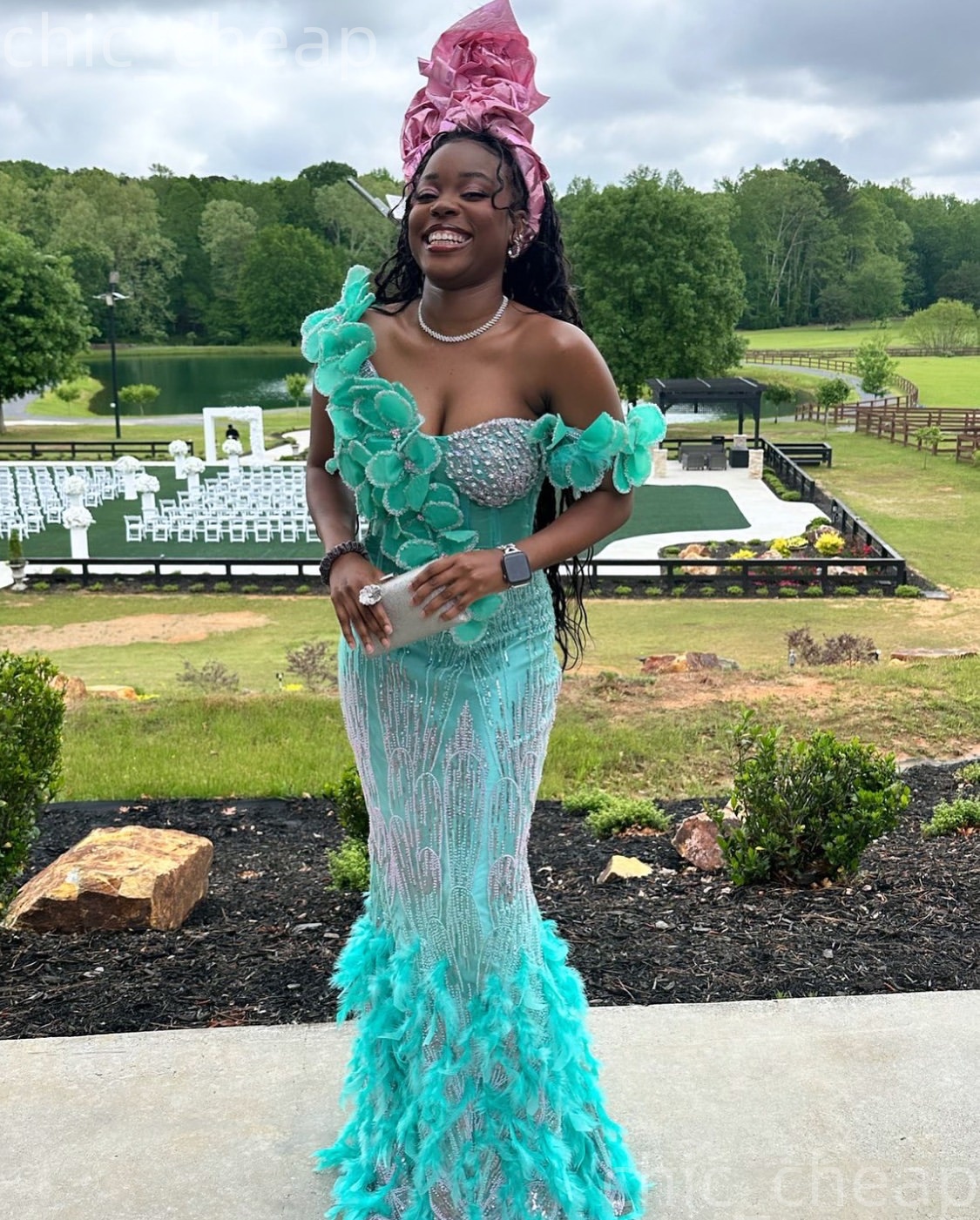 Aso Ebi Turquoise Prom Dress 2026 Mermaid Prom Dress Florals Feather Sequined Evening Dresses For Black Women Birthday Party Formal Receiption Gowns D