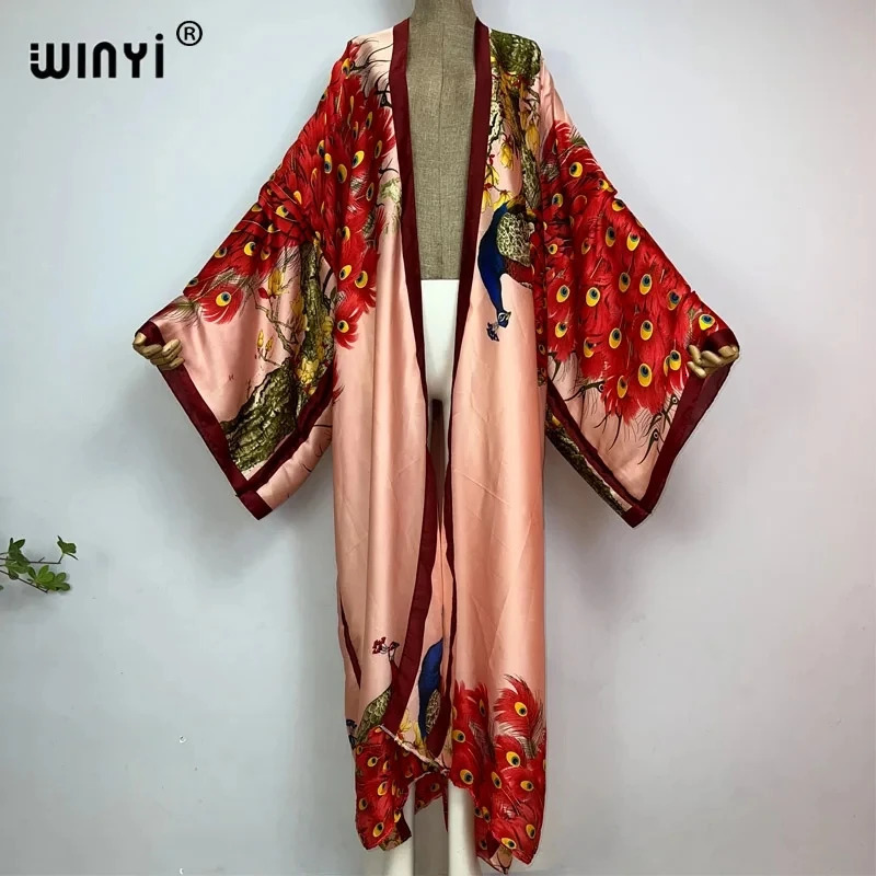 WINYI Summer Women Cardigan stitch Cocktail sexy Boho Maxi African Holiday Batwing Sleeve Silk feeling Robe kimono kaftan 260228
