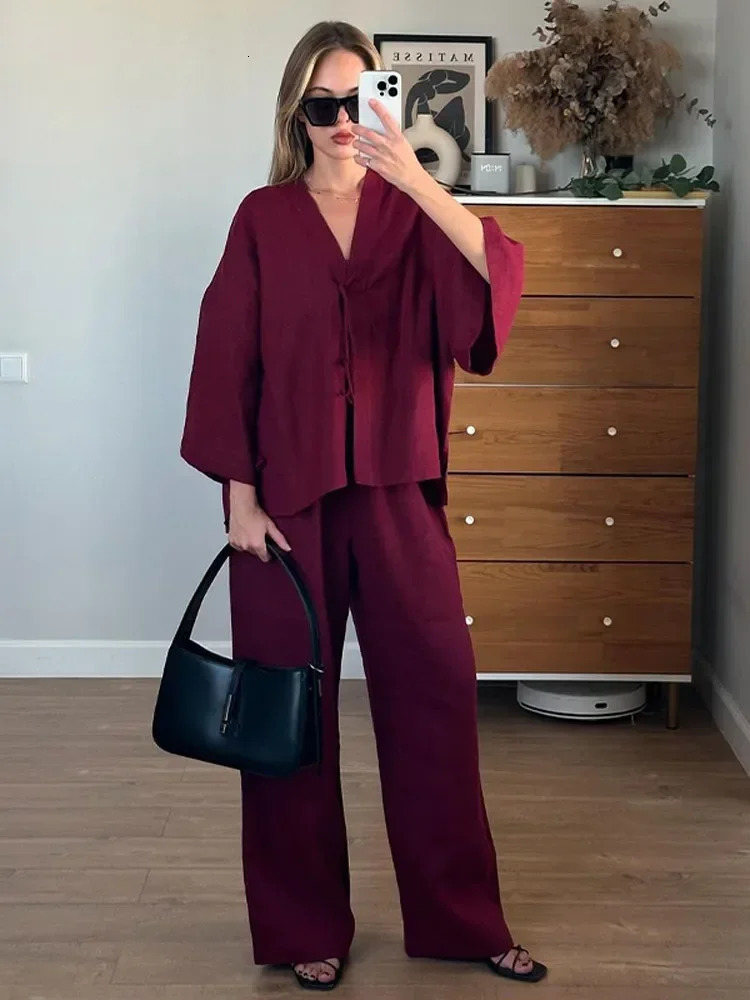 Brown Cotton Linen Suit For Women Chic Full Sleeves V-neck Lace-up Cardigan Loose Pants Set 2026 Summer Lady Casual Streetwear 260305