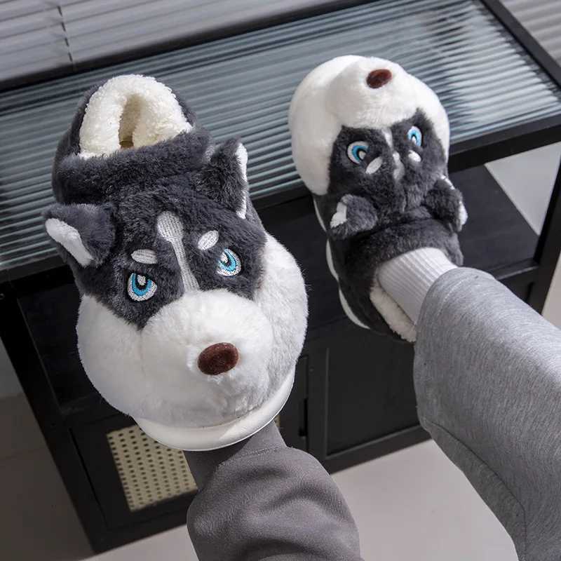 Men Home Cotton Slippers Cute Cartoon Dog Winter Warm Shoes For Couples Soft Plush Anti-slip Male Female Indoor Fluffy Slides S260305