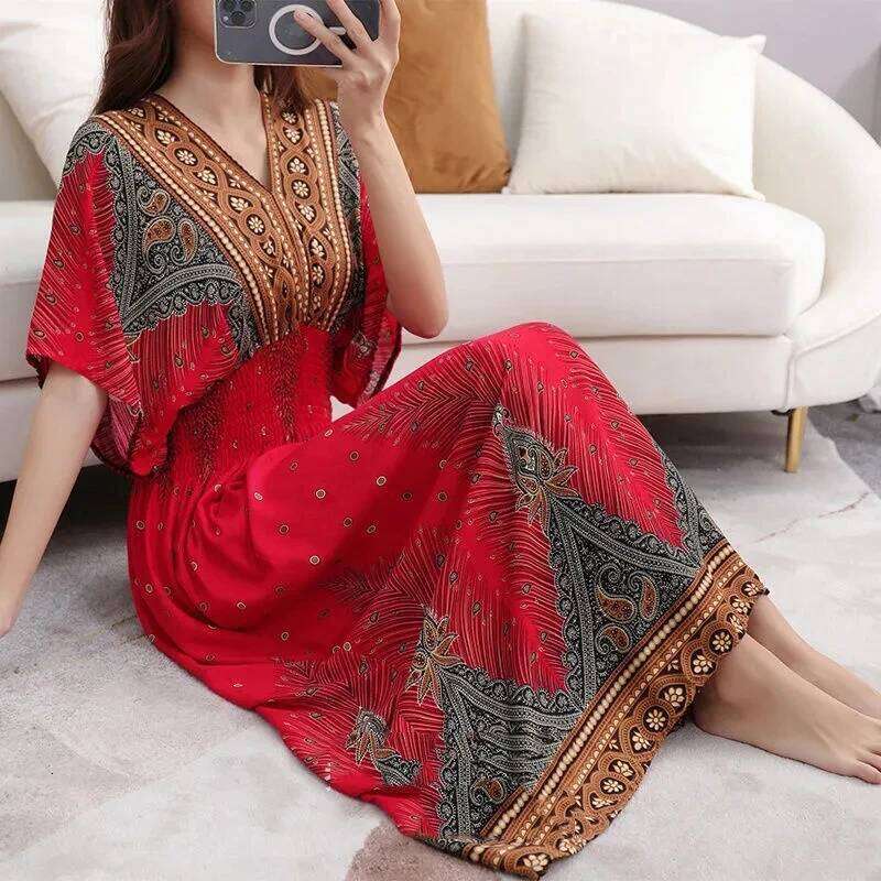 Autumn Chic Sweet Casual Countryside Print V-Neck Batwing Short Sleeve Midi Holiday Dress Fashion women dress