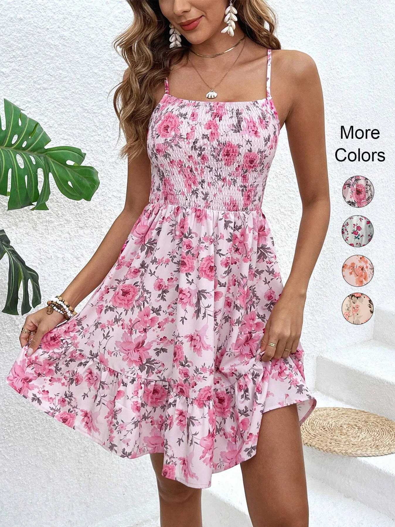 Womens Floral Print Shirred Spaghetti Strap Dress - Summer Boho Ruffle Sundress Casual Beach Maxi Dress X260306