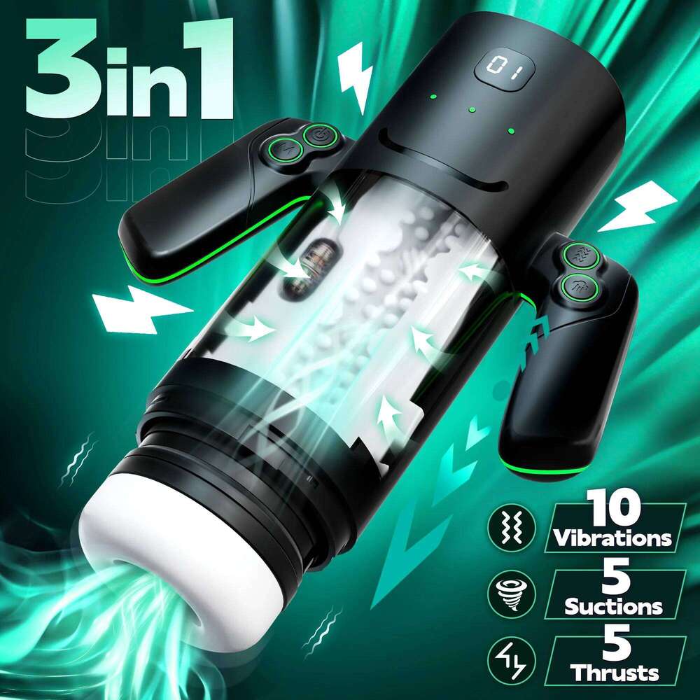 3 IN 1 Automatic Sucking Masturbation Cup with Handle Double layer telescopic Male Stroker Pocket Pussy Adult Toy for Men W260305