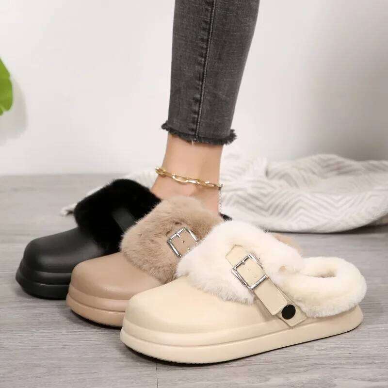 2025 Winter New Plush Waterproof Women's Warm Slippers Outdoor Non slip Leisure Cotton Dragging