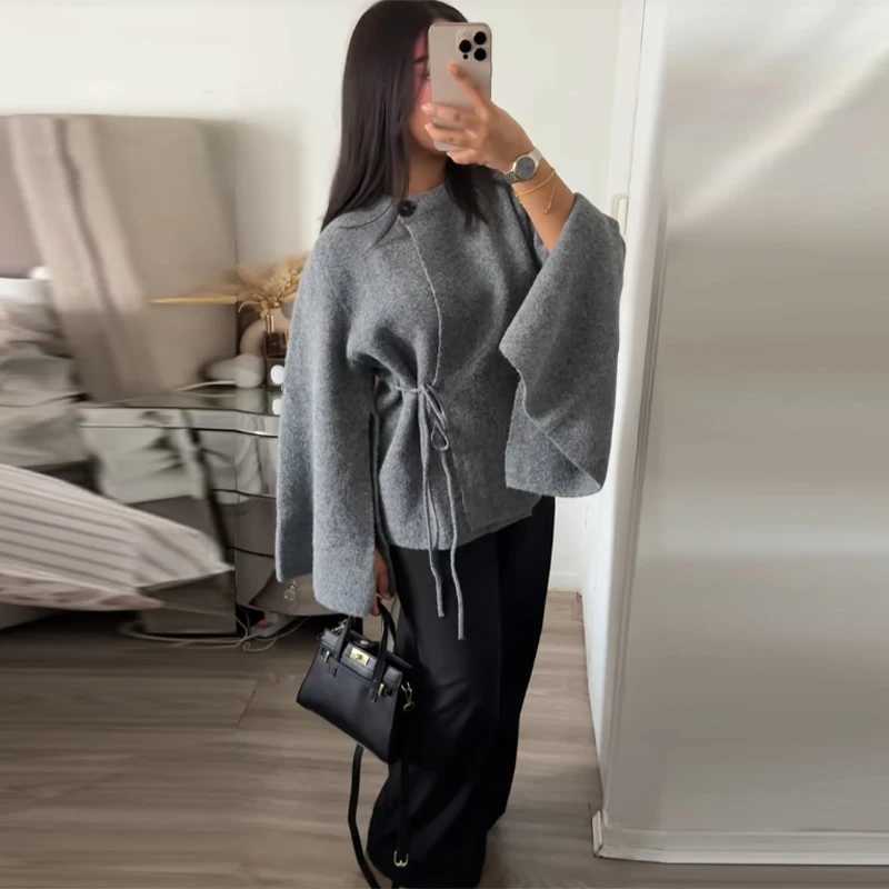 Casual Solid Womens Cardigan Lace Up Loose Knitwear Chic Spliting Batwing Sleeve Knitted Sweaters 2025 New Autumn Lady Knit Top M260306